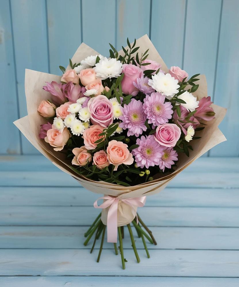 Букет цветов из: Хризантемы, Розы и Альстромерии в Горный Щит