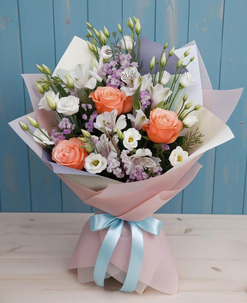 Букет цветов из: Лизиантусы, Розы, Альстромерии и Гипсофила в Горный Щит