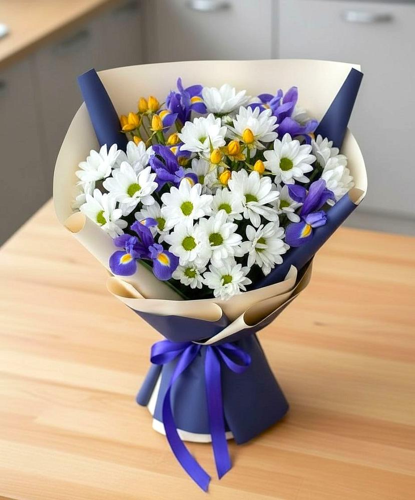 Букет цветов из: Розы, Ирисы и Хризантемы в Горный Щит