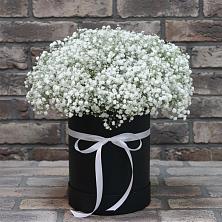 Цветочная композиция из Гипсофила в шляпной коробке в Горный Щит