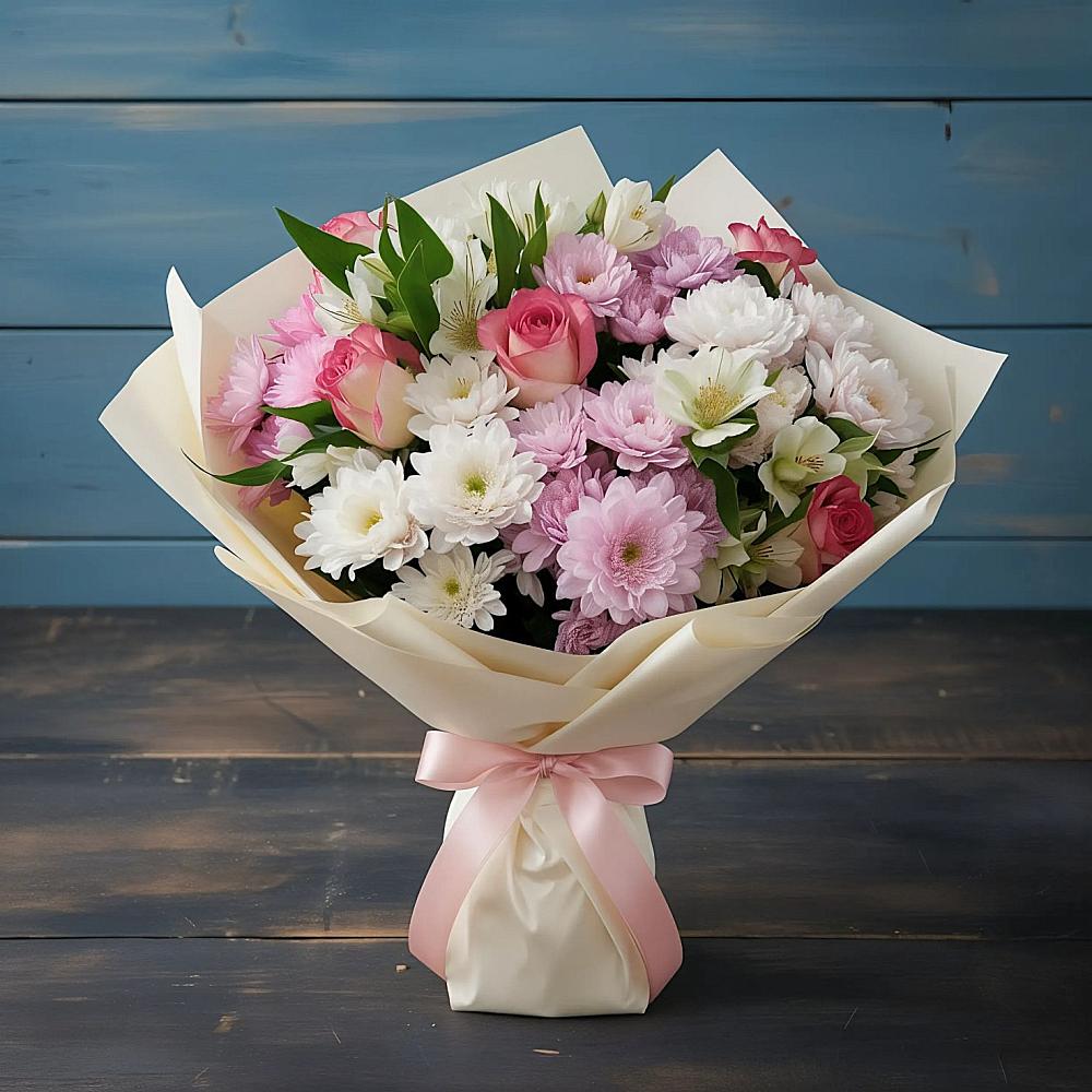 Букет цветов из: Хризантемы, Альстромерии и Розы в Горный Щит